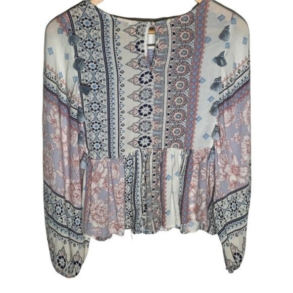 American Eagle XS Boho Floral Patchwork Peasant Blouse Long Sleeve - Picture 2 of 12